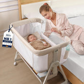 4-in-1 Baby Bedside Crib, 6 Height Adjustable Co-Sleeper Cot, Portable Baby Bassinet with Wheels, Breathable Mesh Sides, Newborn Baby Cradle 0–12 Months, Beige