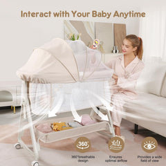 4-in-1 Baby Bedside Crib, 6 Height Adjustable Co-Sleeper Cot, Portable Baby Bassinet with Wheels, Breathable Mesh Sides, Newborn Baby Cradle 0–12 Months, Beige