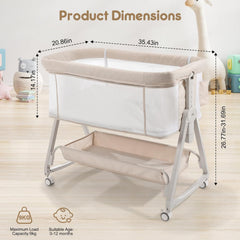 4-in-1 Baby Bedside Crib, 6 Height Adjustable Co-Sleeper Cot, Portable Baby Bassinet with Wheels, Breathable Mesh Sides, Newborn Baby Cradle 0–12 Months, Beige