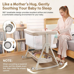 4-in-1 Baby Bedside Crib, 6 Height Adjustable Co-Sleeper Cot, Portable Baby Bassinet with Wheels, Breathable Mesh Sides, Newborn Baby Cradle 0–12 Months, Beige